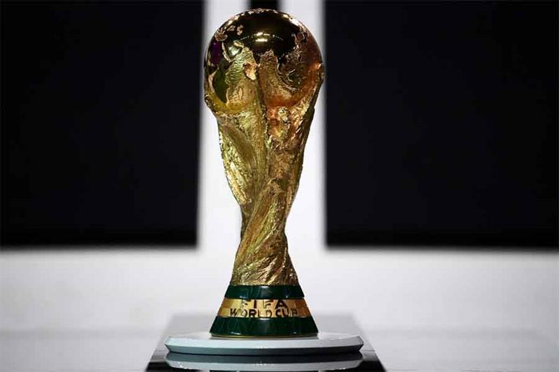 A picture taken on March 31, 2022 shows the World Cup Trophy during the FIFA Congress in the Qatari 