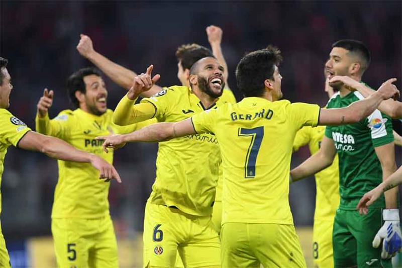 Villarreal players celebrate after the UEFA Champions League quarter-final, second leg football matc