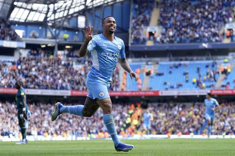 Manchester City s Gabriel Jesus celebrates after scoring his fourth goal, his side s fifth, during t
