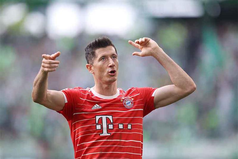 Bayern Munich s Polish forward Robert Lewandowski reacts after the German first division Bundesliga 