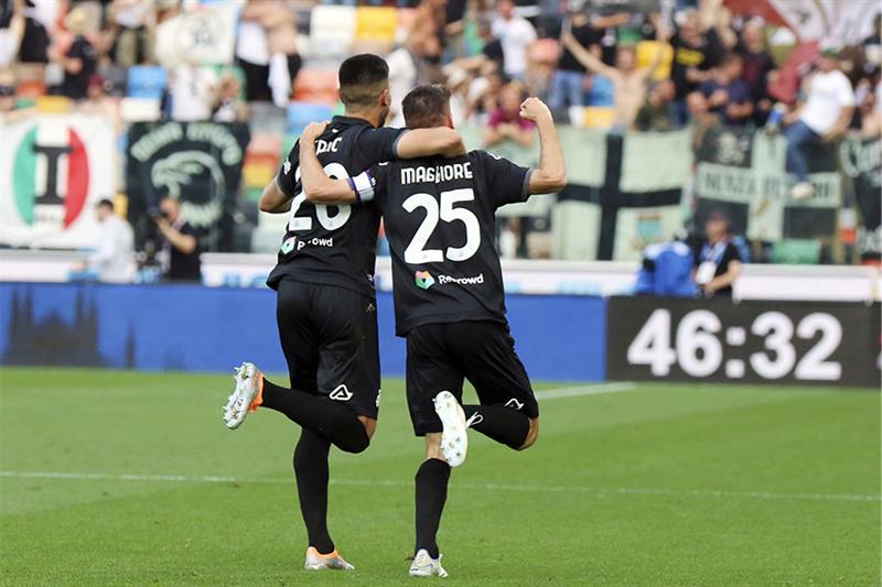 Spezia s Giulio Maggiore, right, celebrates scoring during the Serie A soccer match between Udinese 
