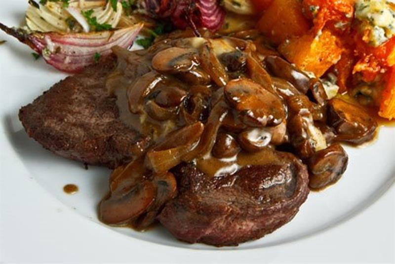 Sirloin steak in brown onion mushroom sauce