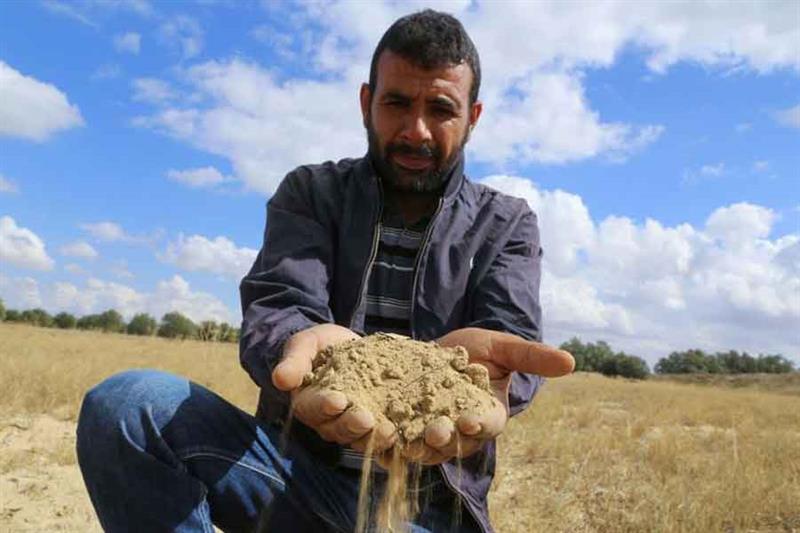 A farmer holds a handful of soil parched because of drought in Tunisia s east-central area of Kairou