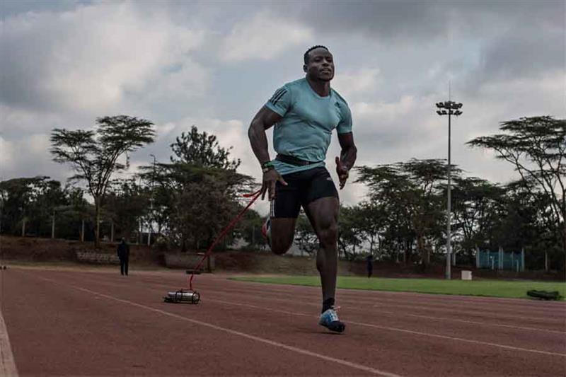 Kenya s sprinter Ferdinand Omanyala runs during a training session at the Kasarani stadium in Nairob