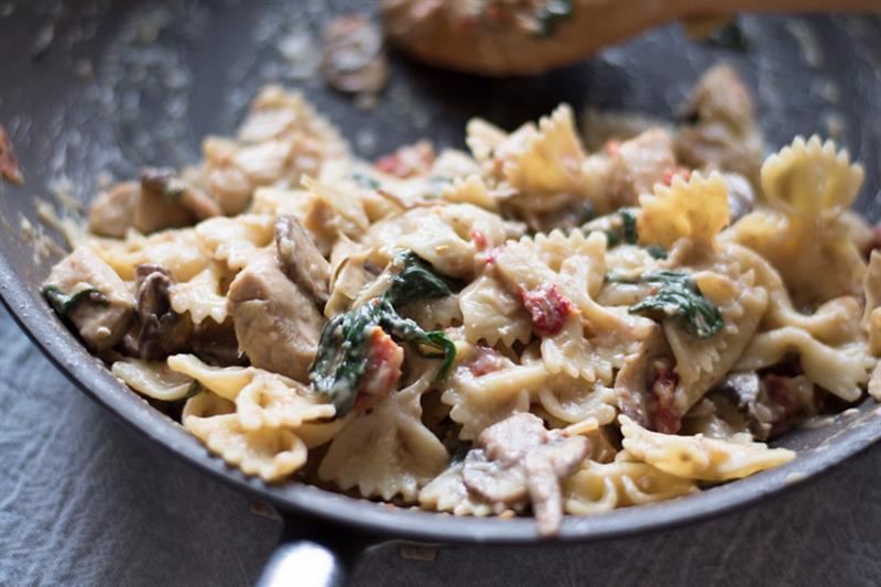Farfalle chicken and chard in creamy sauce