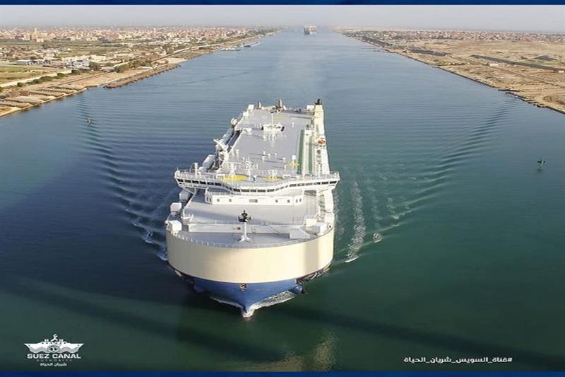 A vessel crossing Suez Canal waterway. Suez Canal Authority (SCA).