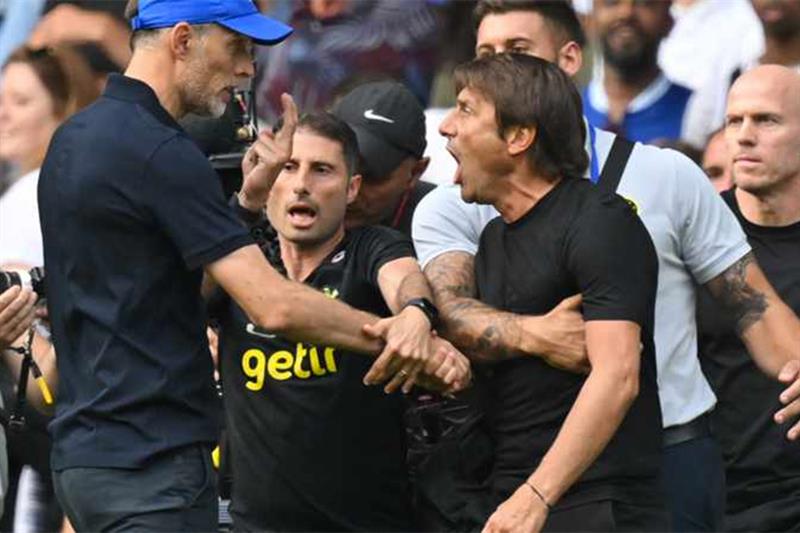 Tottenham Hotspur manager Antonio Conte (right) and Chelsea s Thomas Tuchel (left) clash after their