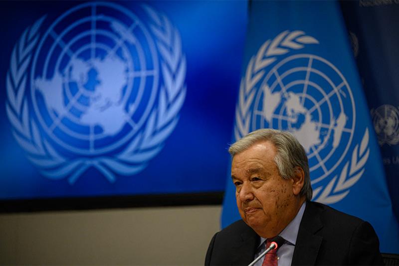 UN Secretary General Antonio Guterres attends a press conference introducing the third report of the