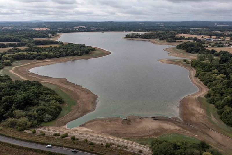 An aerial picture shows low water levels in the Bough Beech Reservoir in Kent, UK 