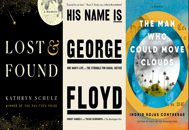 This combination of book covers shows National Book Award nominees  Lost   Found: A Memoir  by Kathr