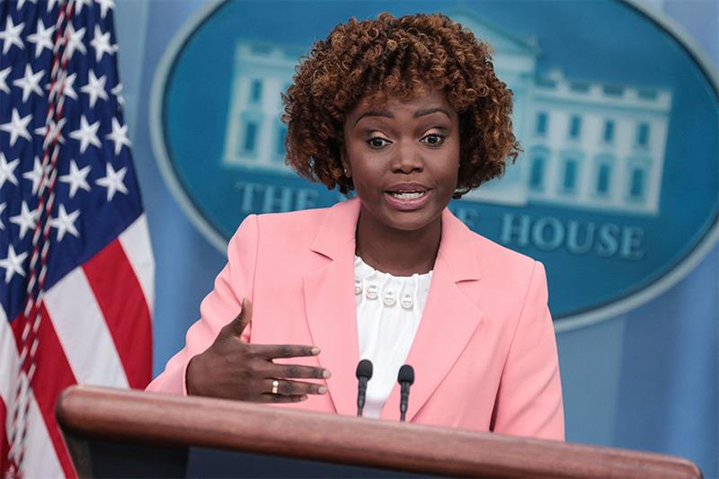 White House Press Secretary Karine Jean-Pierre speaks during the daily briefing in the Brady Briefin