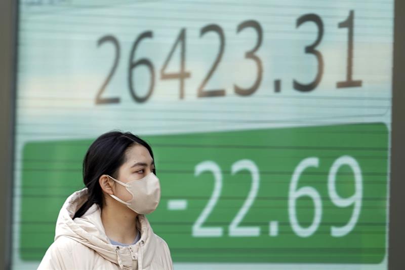 A person wearing a protective mask walks in front of an electronic stock board showing Japan s Nikke