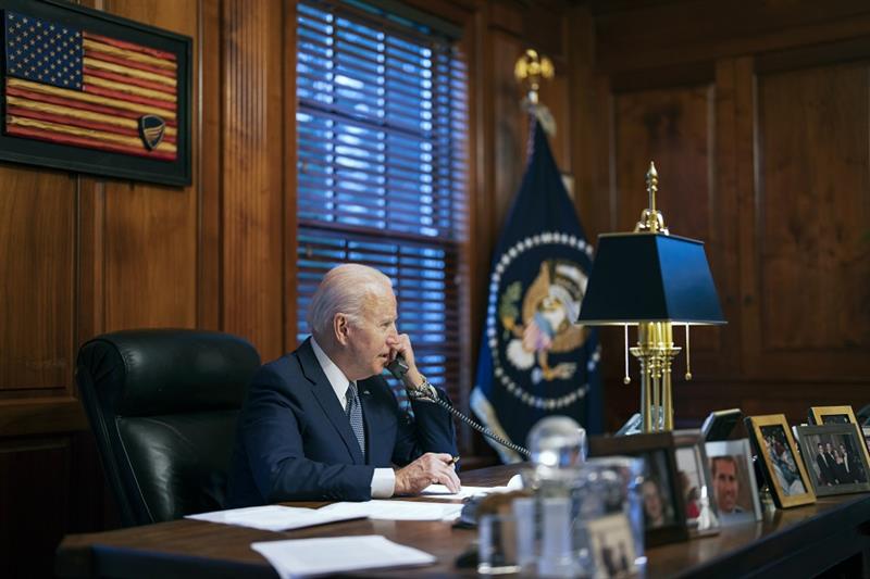 President Joe Biden speaks with Russian President Vladimir Putin on the phone from his private resid
