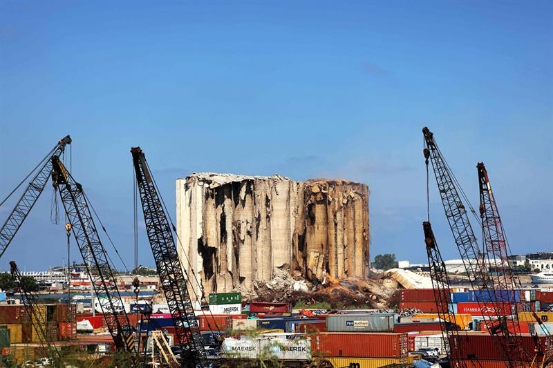 A part of the middle grain silos in the port of Beirut which collapsed following the massive explosi