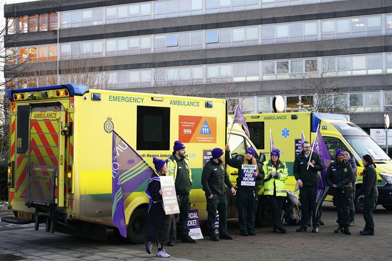 Ambulance workers on the picket line outside Croydon Street Ambulance Station in Bristol, England 