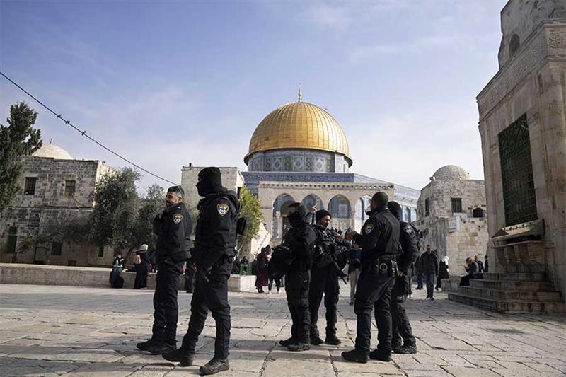 Israeli police secure the Al-Aqsa Mosque compound, known to Muslims as the Noble Sanctuary and to Je