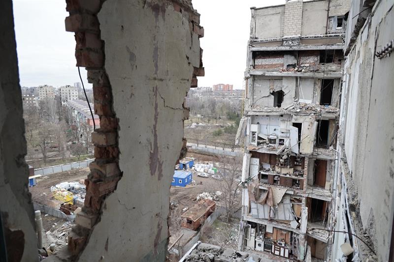 A view of an apartment building, damaged during a heavy fighting, in Mariupol, in Russian-controlled