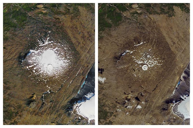 The shrinking of the Okjokull glacier on the Ok volcano in west-central Iceland