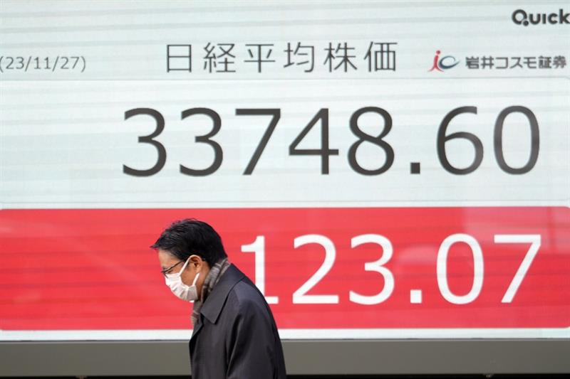 A person walks in front of an electronic stock board showing Japan s Nikkei 225 index at a securitie