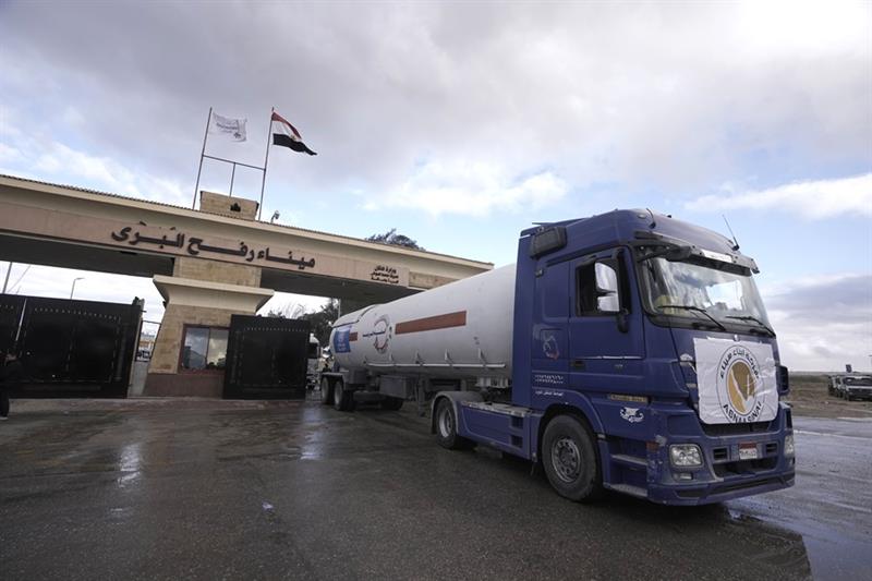 An Egyptian truck delivering fuel to the Gaza Strip, crosses from Gaza to Egypt at Rafah, Egypt, as 