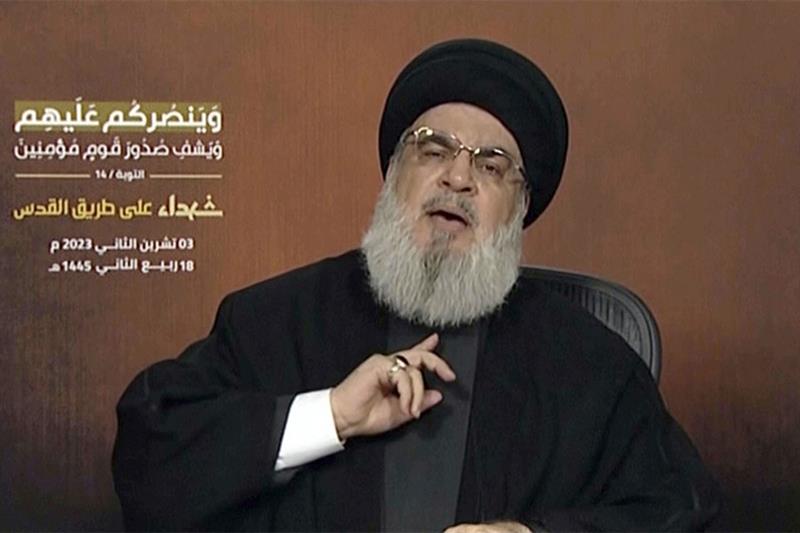 This video grab shows Hezbollah leader Sayyed Hassan Nasrallah speaking via a video link, during a r