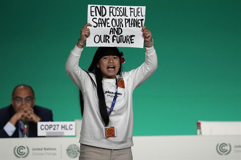 A demonstrator protests against the use of fossil fuels during an event at the COP28 U.N. Climate Su