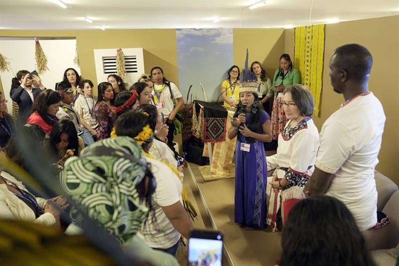 Vanderlecia Ortega dos Santos speaks at the Indigenous Peoples  Pavilion opening ceremony at the COP