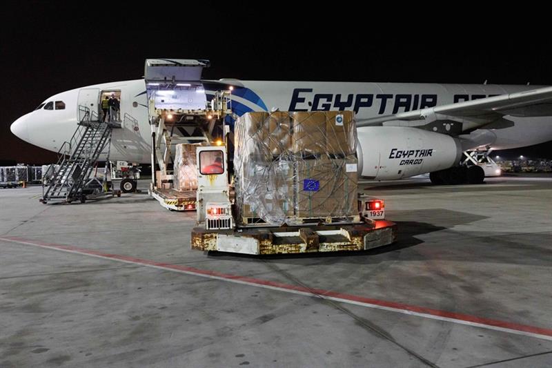 Humanitarian aid goods for the Gaza Strip through Egypt ahead of the departure of an aircraft at the