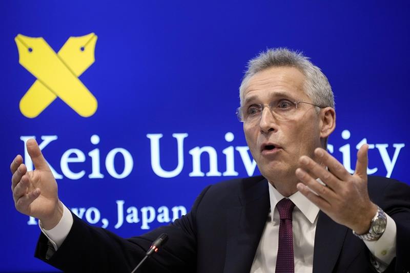 NATO Secretary-General Jens Stoltenberg answers a question from students at Keio University in Tokyo