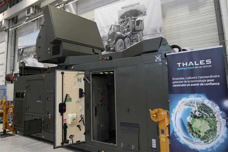 A Thales Ground Master 200 (GM200) radar is displayed during a visit at Thales radar factory by Fren