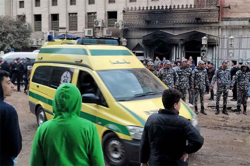 An ambulance leaves al-Noor al-Mohammadi charitable hospital after a fire broke out, in Cairo on Feb