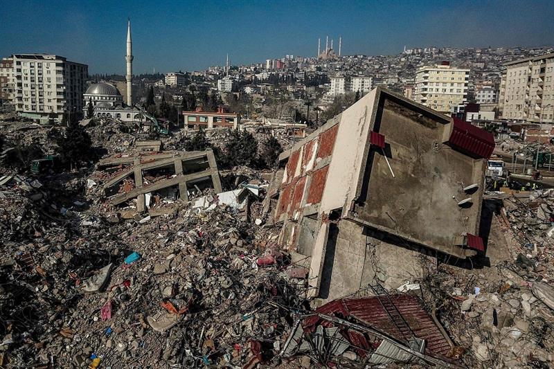 Collapsed buildings during ongoing rescue operations in Kahramanmaras, southeastern Turkey,