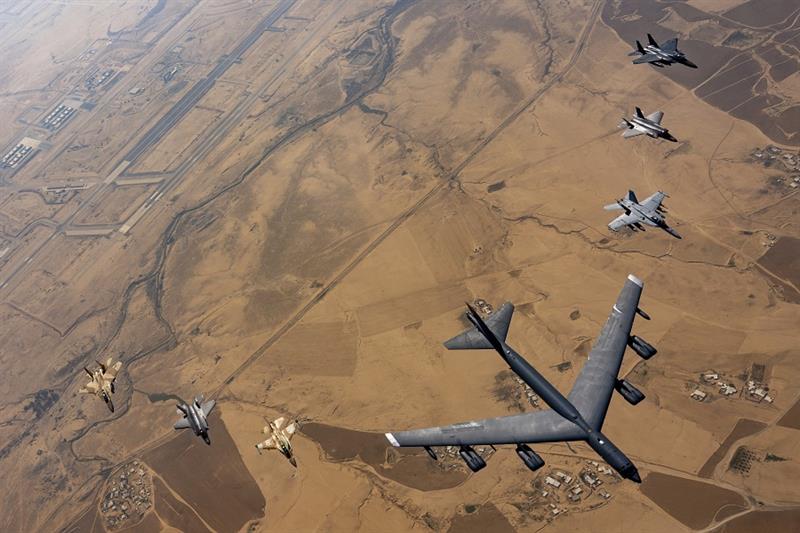American and Israeli aircraft fly over Israel as they take part in the joint exercise Juniper Oak