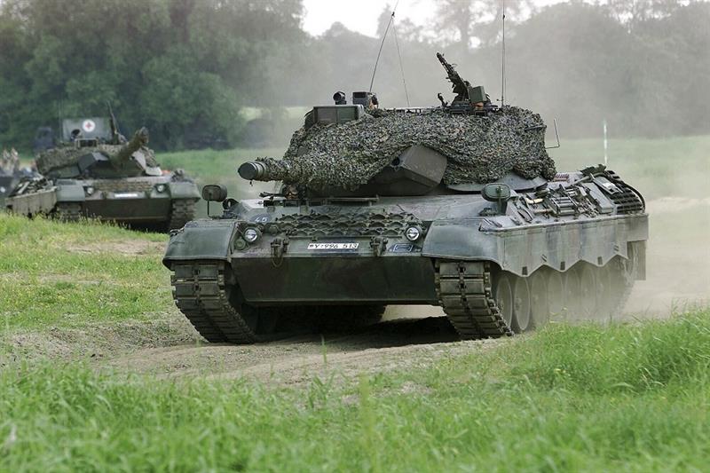 A Leopard 1 tank drives in Storkau, Germany