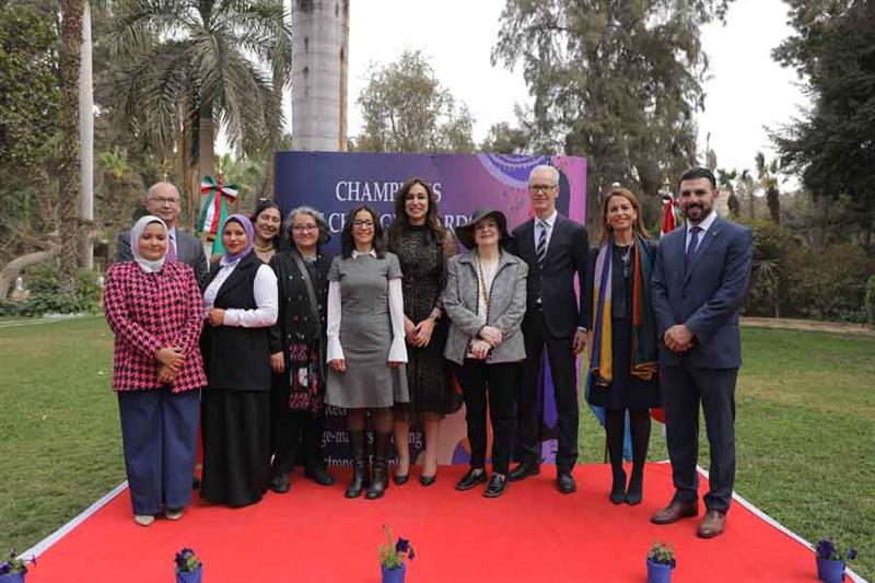 Ortega, Dumas, and Persson with Egyptian women, the 2023 Champions of Change awardees