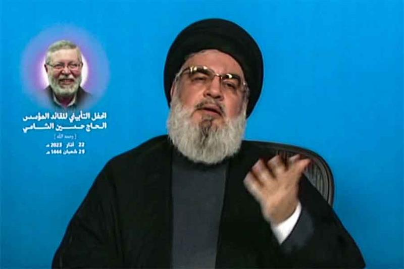 An image grab from Hezbollah s al-Manar TV on March 22, 2023, shows the head of the Lebanese Shiite 