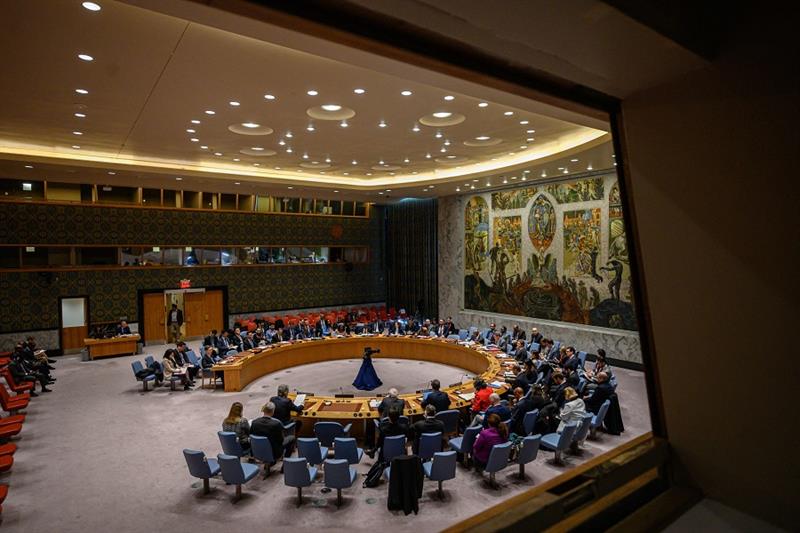 A general view shows a United Nations security council meeting at the United Nations headquarters in