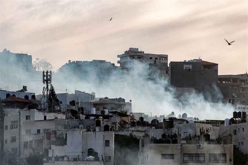 Birds fly as smoke plumes billow during an Israeli army raid in the Jenin camp for Palestinian refug