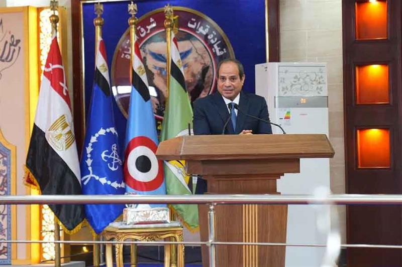 Egypt President Abdel-Fattah El-Sisi speaks to army personnel and chieftains of the Sinai tribes dur