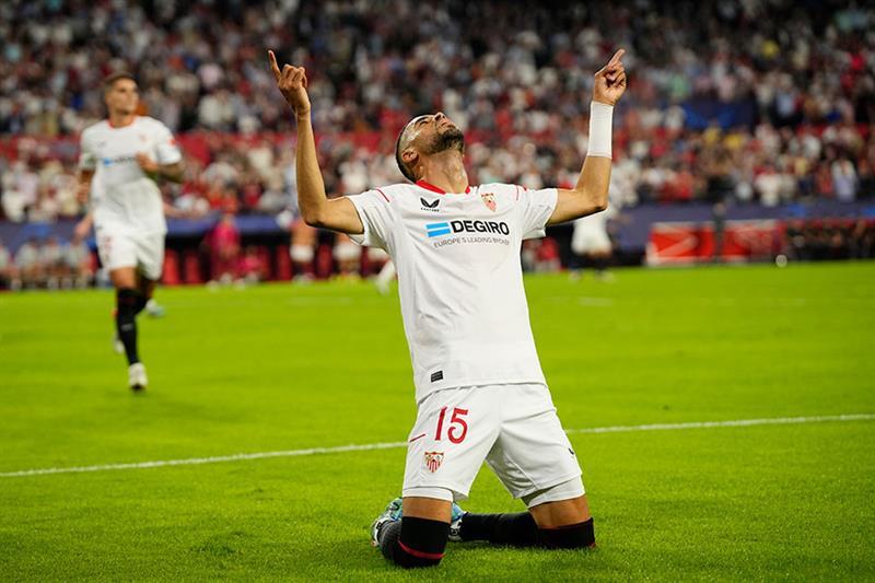 Sevilla s Youssef En-Nesyri celebrates after scoring his side s opening goal during the Champions Le