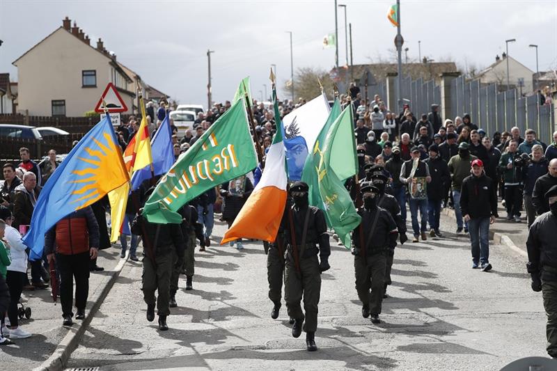 Republican protesters opposed to the Good Friday Agreement take part in a parade in Londonderry, Nor
