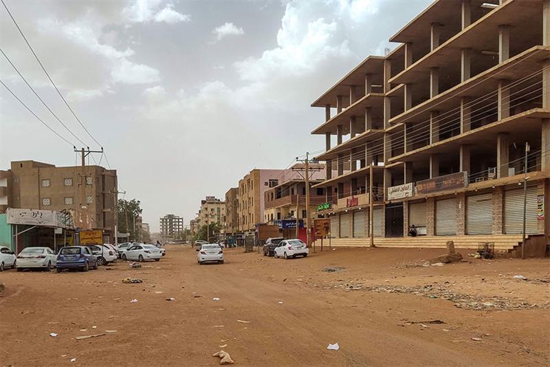 Closed shops are pictured in the south of Khartoum on April 24, 2023 as battles rage in the Sudanese