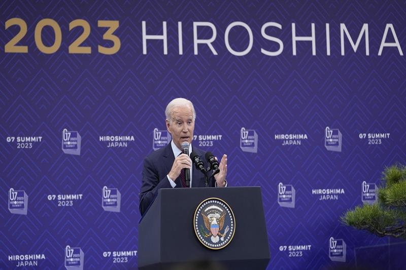 US President Joe Biden speaks during a news conference in Hiroshima, Japan