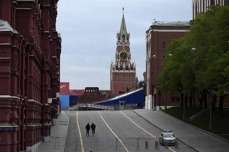 A view of the Red Square closed for Victory Parade preparation, with the Spasskaya Tower in the cent