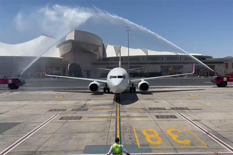 The customary water salute for the flight as it landed on Tuesday in Sharm El-Sheikh international a