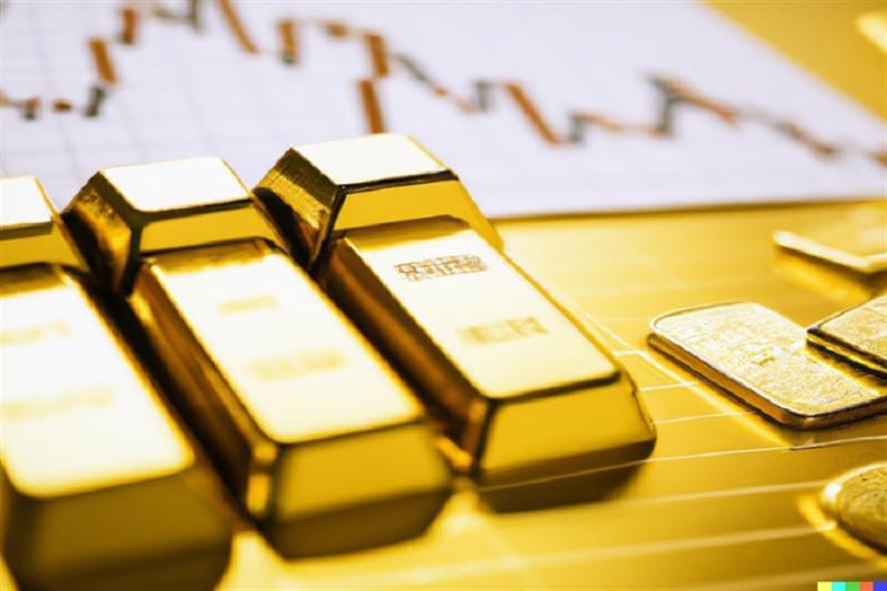 AI generated photo showing gold bars and stock market charts. Photo: DALL E 2 by Open AI.