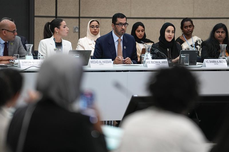 Sultan al-Jaber, center, who will preside over the next UN global climate summit in Dubai