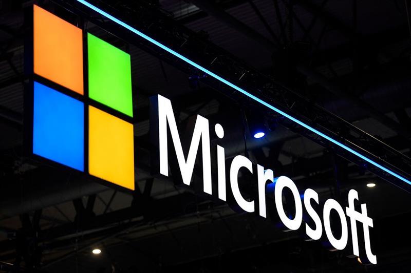 File photograph taken on March 2, 2022, shows a Microsoft logo on display at the Mobile World Congre
