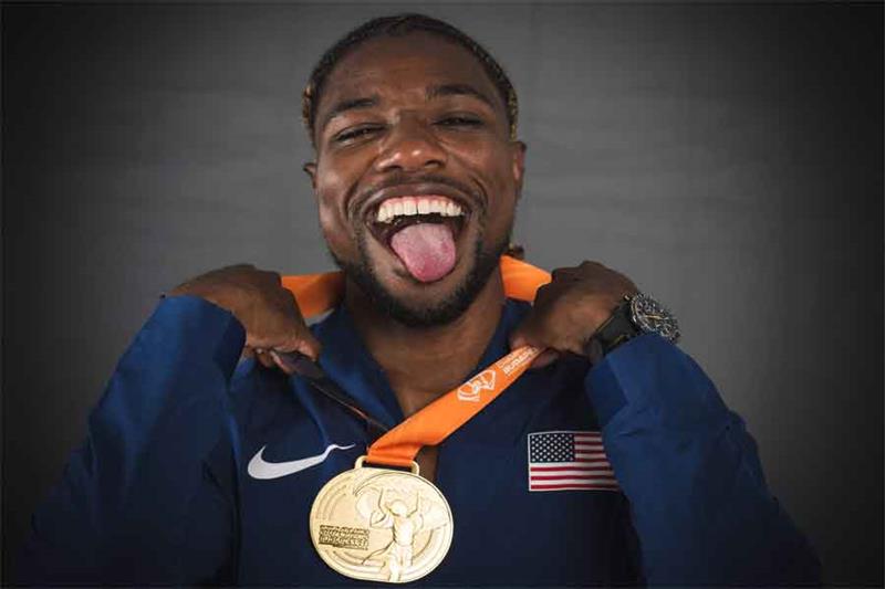 Men s 100m gold medallist USA s Noah Lyles poses for portraits during a studio photo session on the 