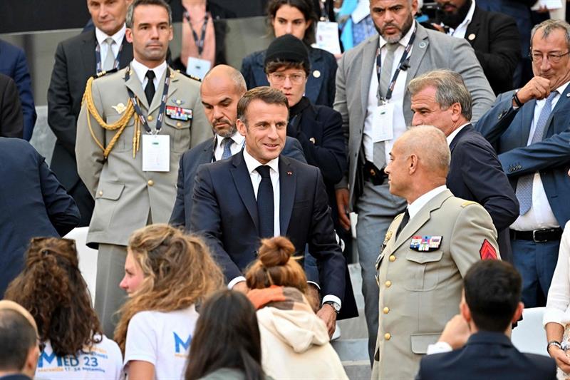 French President Emmanuel Macron arrives for the mass to be celebrated by Pope Francis at the Velodr